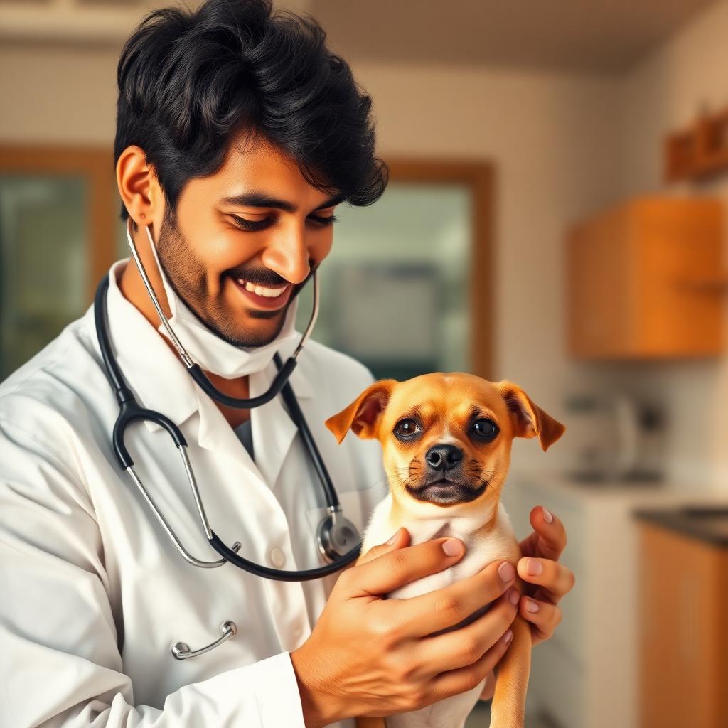 Veterinarian examining a happy dog